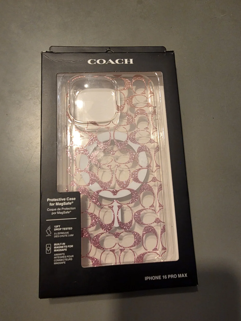 COACH Pink Glitter Signature Clear Case for iPhone 16 Pro Max